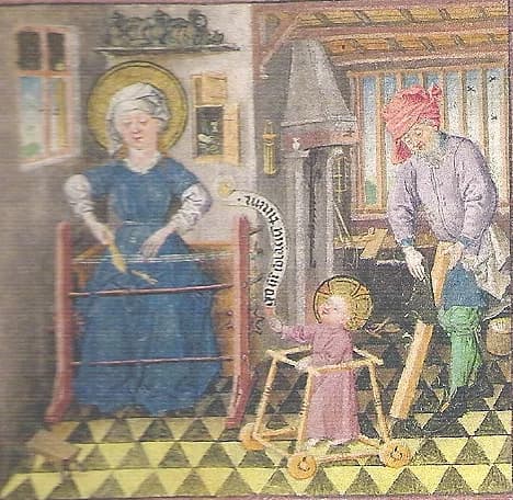 Miniatura de livro de horas: a Sagrada Família em casa; Maria tece ao tear, o Menino Jesus anda num andador e São José aplaina uma tábua na oficina.